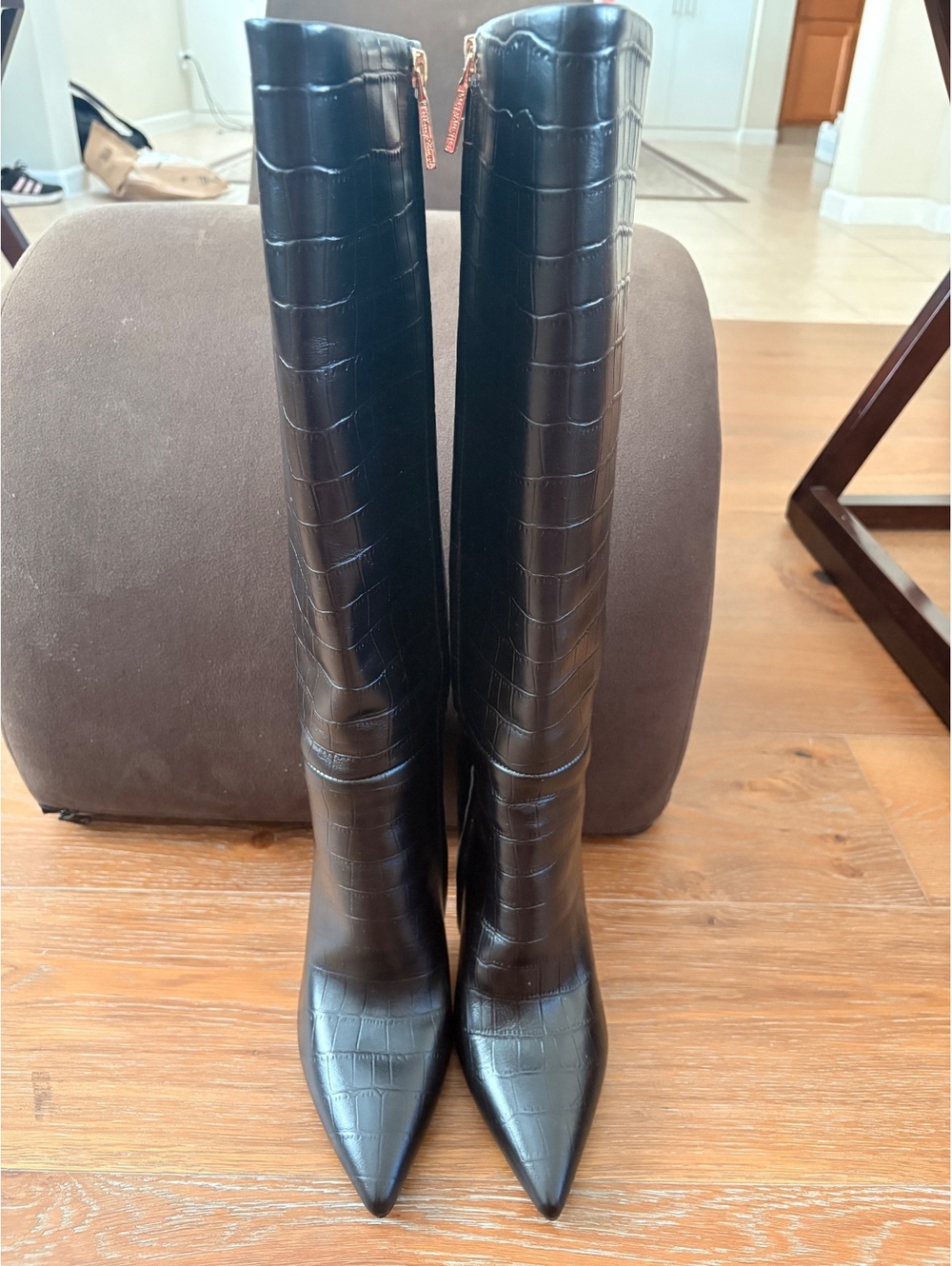 NEW Tiffany & Fred Black Croc Embossed Leather Knee-High Stiletto Boots Size 7.5